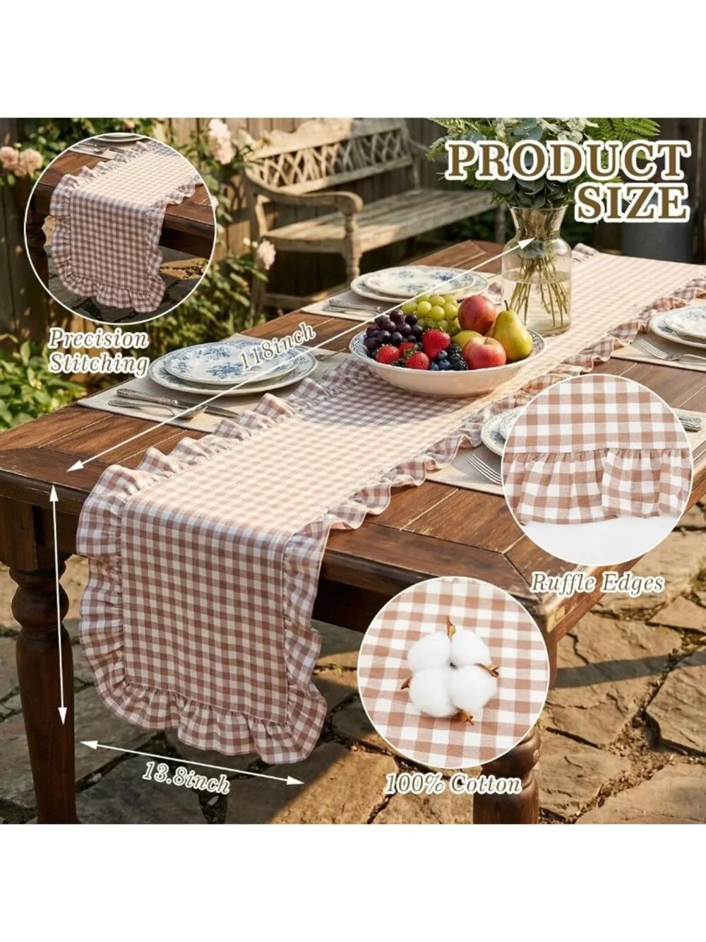 Brown Plaid Gingham Ruffle Table Runner 118x13.8'' - Farmhouse Rustic Decor